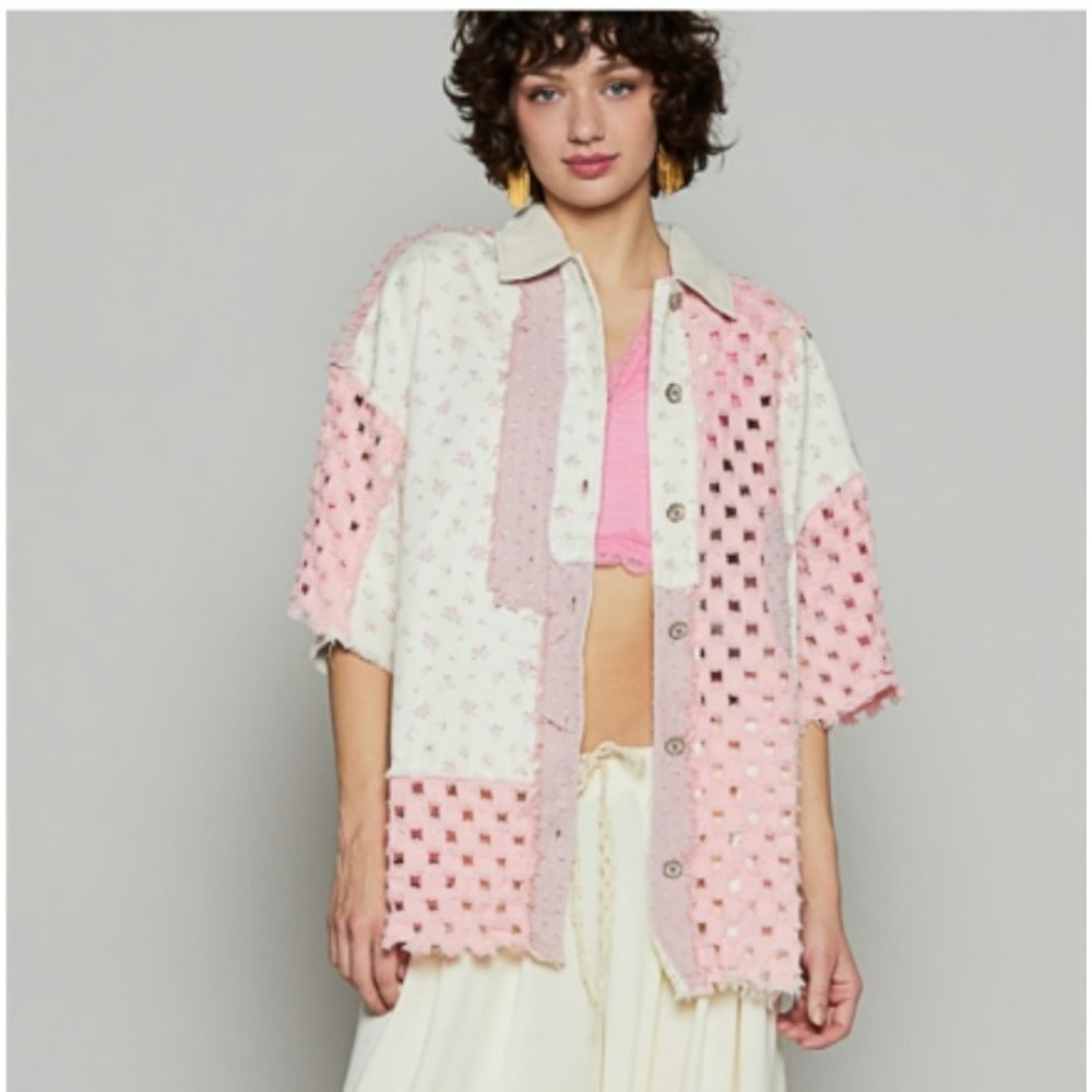 POL Clothing Patchwork Floral Eyelet Crochet Button Down Shirt Pink Medium